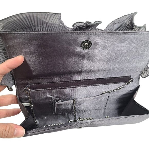 Women's Grey Ruffle Floral Pleated Convertible Clutch Satin Evening Sling Bag - Picture 6 of 8